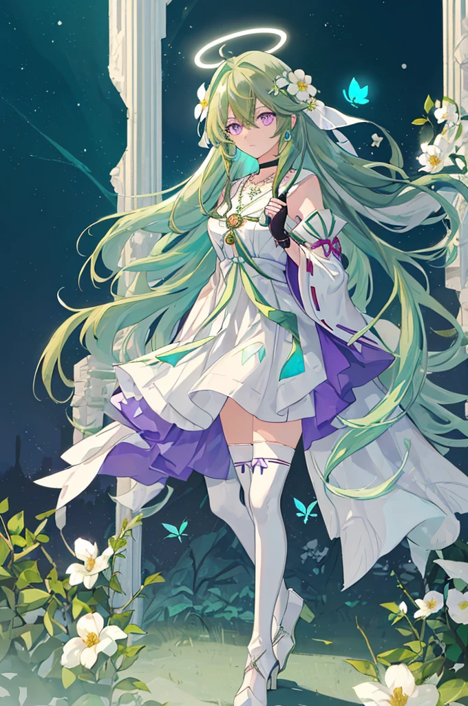 (Masterpiece, Best Quality: 1.4), white Background, Long Hair, Jewelry, Earrings, Necklace, Bride, ((green Hair)), Halo, (Overlook), Dynamic Angle, Ultra Detailed, Illustration, Close Up, Direct Look, 1girl, (Fantasy: 1.4), (Purple Eyes: 1.233), Her Eyes Shine Like Dreamy Stars, (Glow Eyes: 1.233), (Beautiful and Delicate Eyes: 1.1), (green Hair: 1.4), (Messy Hair, Very Long Hair, French braids, hair between the eyes, side hair), (+(white hair flower: 1.14)), (chiffon dress, uniform white flower pattern)/= (military uniform: 1.24), (fingerless gloves), choker, (miko thighhighs), high heeled boots, (expressionless, shut up), (standing), (white flowers, blooming),(Ruins),(Night:1.2),dreamy,Soul,(fluorescent),(Flying Translucent Blue Butterfly:1.15),[Delicate Fingers and Hands:0.55]::0.85], (Finger Detail), (Yubao:0.5),((town background)),((full body)),((turquoise hair)),green hair,((green hair)),night,