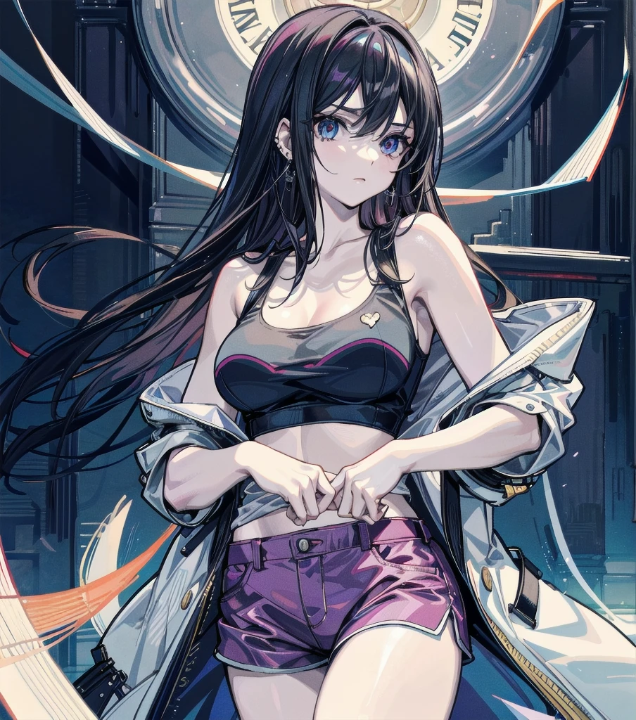 whole body, absurdres, RAW photo, extremely delicate and beautiful, masterpiece, Best Quality, ultra high resolution, 32k, hyperrealistic, ultra-detailed, detailed description, pale skin, 20 years old, detailed beautiful face and eyes, big tits, medium hair, black hair, tearful mole, earring, t-shirt, tank top, Hot Pants,