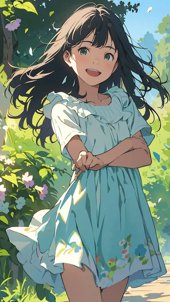 Reasonable design, Clear lines, High Sharpness, (Highest quality,4k,Perfect sharpness,Ultra fine,High resolution,masterpiece:1.2), Perfect Anatomy:1.5, Official Art, Illustrations that tell a story, (Whitish background:0. 9)、Body Positivity、多Mr.な身体表現、(Random and energetic poses)、Perfect beauty、Perfect beautiful face、Strong winds、A rich expression、Dynamic composition、smile、Golden ratio composition、colorful、((Mr.々Different angles and perspectives))、Anime Art、(Mini dress)、(Overcoming stereotypes)、 Glowing Skin、(Natural beauty)、smile、Bangs、(Soft and flowing hair)、(countryside)、(Nostalgic atmosphere)、Put up to your feet、(Playful and carefree)、(多Mr.な民族のキャラクター)、(innocent attitude)、(Sunny atmosphere)、(The skirt flutters wildly in the wind)、(Bright colors)、Beautiful Eyes、(Embarrassing)、Braided Hair、Summer Scene、Smiling among flowers