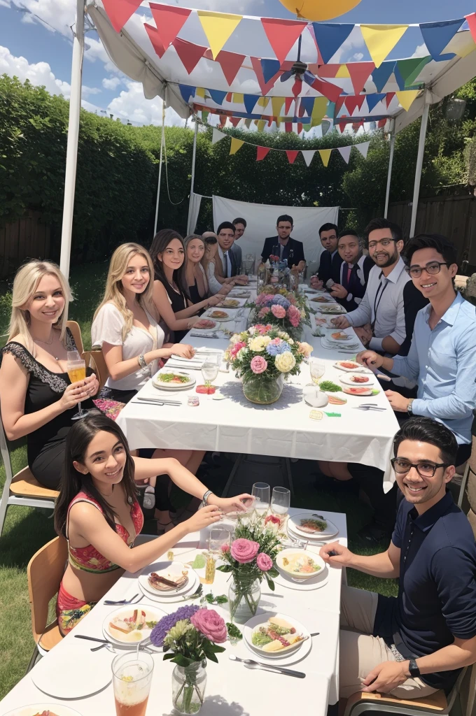 A drawing with 10 people who are judges at a June party. The 10 men and women are ready for a June party. The table has June festival decoration with flags on top., toalha colorida. Em cima da mesa tem etiqueta com o nome dos jurados, water jug and glasses.