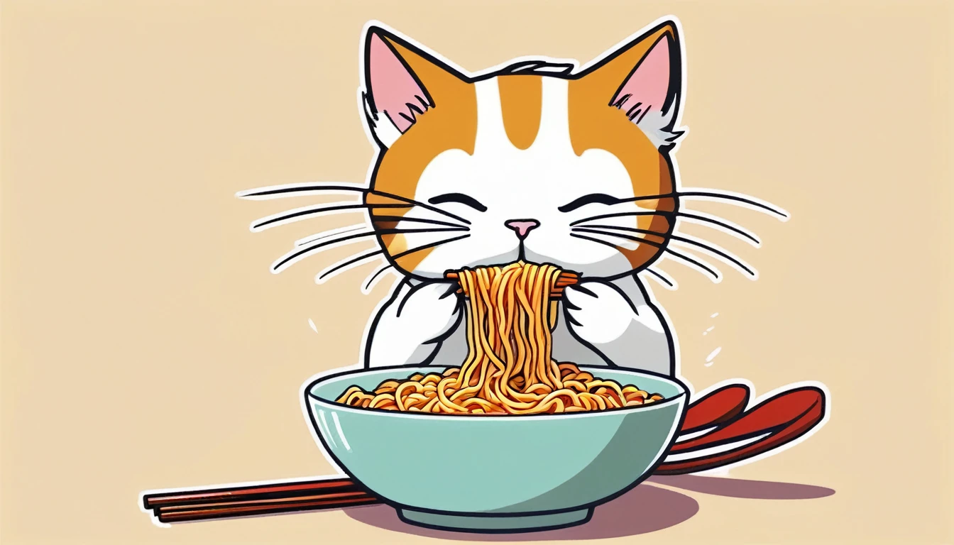 Cat eating instant noodles, manga comics style illustration, oversimplified, simple background