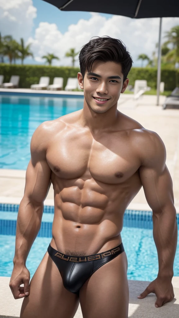 An 25-year-old philippines muscular male model, a handsome hunk with messy short flat hair, smiling at the camera, with well-developed muscles and a strong body. He was naked, wearing a tight black leather thong with a bulging crotch, exposed pubic hair and a serious look on his face. Standing in the swimming pool, he had handsome features and a delicate face. On his body, he has a naturally tall and straight figure, a handsome face, exquisite and beautiful details, a cute face, bright skin, a beautiful and harmonious face, beautiful and harmonious eyes, 8K, high quality, masterpiece