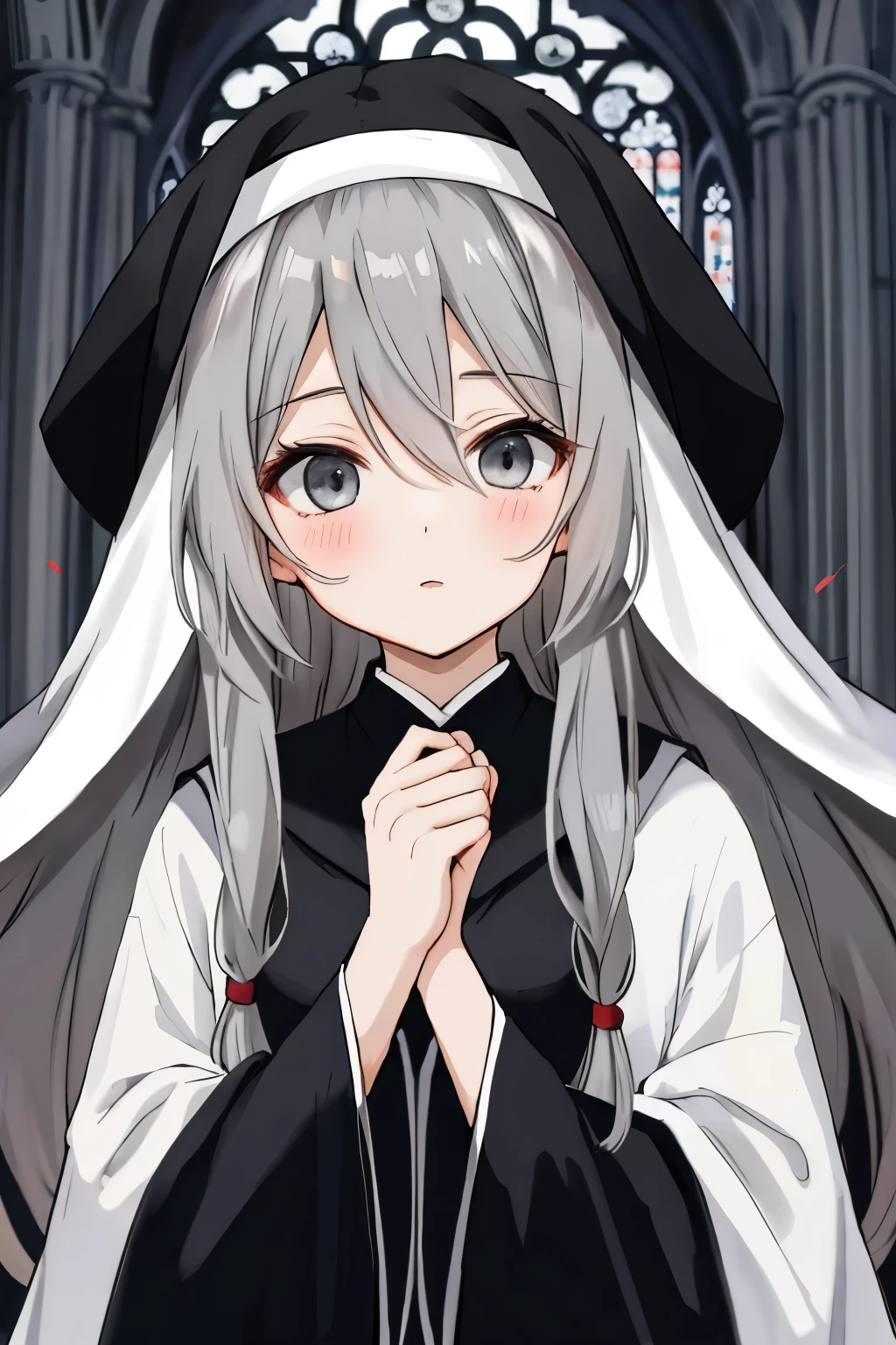 anime girl with long grey hair and grey eyes wearing black church robes