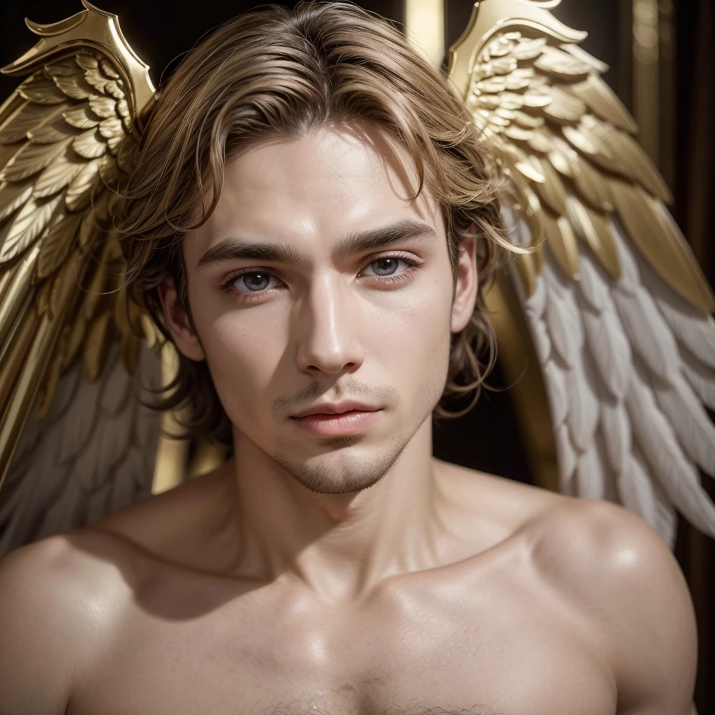 Homem romano realista beleza masculina nariz fino labios carnudos queixo qyadrado diamante. With angel wings on golden heads. Corpo completo virilha volumosa penis grande mala volume sexy