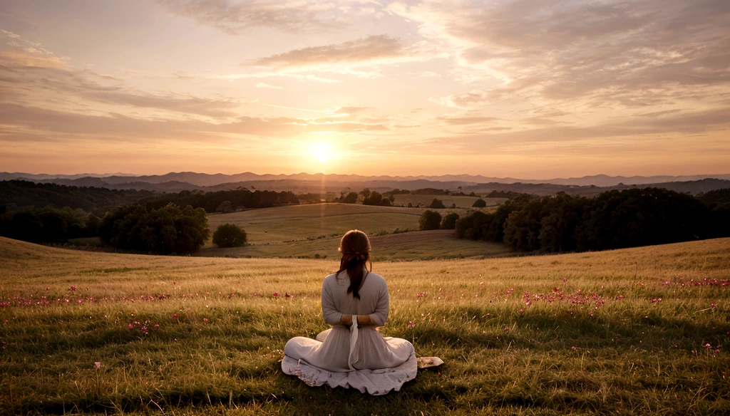 Sure! Here's a detailed prompt for generating an image of a woman praying at sunrise in a field:
A serene image of a woman standing in a vast, open field at sunrise. She is dressed in a simple, flowing white dress that gently sways in the morning breeze. Her hands are clasped together in front of her chest, her head bowed in prayer, and her eyes closed in deep contemplation. The golden rays of the rising sun illuminate the scene, casting a warm, ethereal glow over the landscape. The sky is painted with shades of pink, orange, and purple, blending beautifully into the horizon. The field is lush with tall, green grass and wildflowers that add splashes of color. In the distance, gentle rolling hills create a picturesque backdrop. The overall atmosphere is peaceful and spiritual, capturing a moment of quiet devotion and connection with nature.