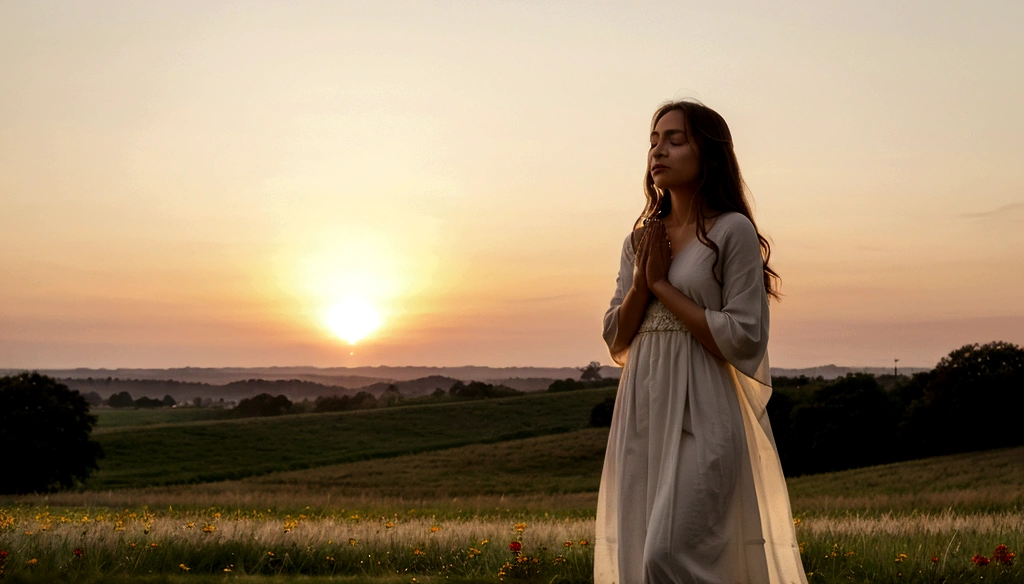 Sure! Here's a detailed prompt for generating an image of a woman praying at sunrise in a field:
A serene image of a woman standing in a vast, open field at sunrise. She is dressed in a simple, flowing white dress that gently sways in the morning breeze. Her hands are clasped together in front of her chest, her head bowed in prayer, and her eyes closed in deep contemplation. The golden rays of the rising sun illuminate the scene, casting a warm, ethereal glow over the landscape. The sky is painted with shades of pink, orange, and purple, blending beautifully into the horizon. The field is lush with tall, green grass and wildflowers that add splashes of color. In the distance, gentle rolling hills create a picturesque backdrop. The overall atmosphere is peaceful and spiritual, capturing a moment of quiet devotion and connection with nature.