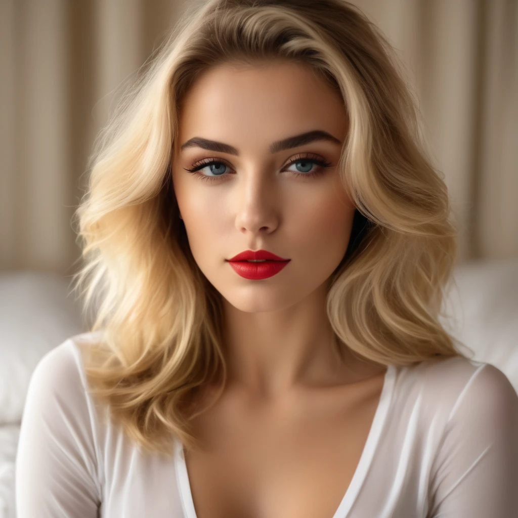 Une Italienne de 23 ans, chiffre de sablier, petits seins, hyperrealistic, photo prise de loin, peau blanche, Professional lighting, couleurs vives, detailed face features, cheveux blonds longs et fluides, full lips, Elegant posture, porter des sous-vetements rouge, sur un lit, couleurs chaudes, ambiance italienne, beaucoup de couleurs, chaud illuminant son visage, create soft shadows. L&#39;ambiance générale est joyeuse et vibrante, avec une touche de romantisme. The quality of the&#39;image est du plus haut niveau, capturer chaque détail complexe. Sharp focus and ultra detailed rendering, highlighting the beauty of the Italian woman&#39;a captivating way. A gentle breeze blows across the stage, the warm light illuminates his face, create soft shadows, les couleurs sont vives, l&#39;ambiance est joyeuse, topless