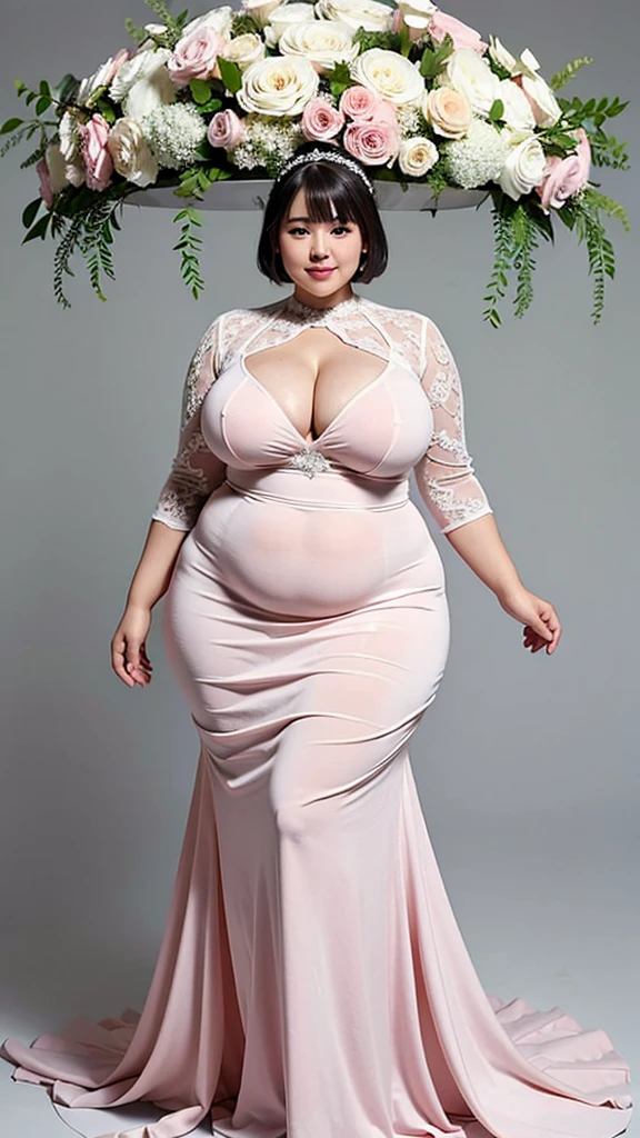 8k, ultra-high resolution, highest quality, masterpiece:1.2), ultra-realistic, (realistic, photorealistic:1.37), (realistic skin:1.2), ultra-detailed, Canon EOS RP, 8k, Korean mature woman, smiling, (((super obese))), (((super curvy,))) ((super voluptuous,)) adult model, standing still, ((full body shot)), thick ankles, (short hair), (empty space), (pale pink background only), (wedding dress), (bouquet),