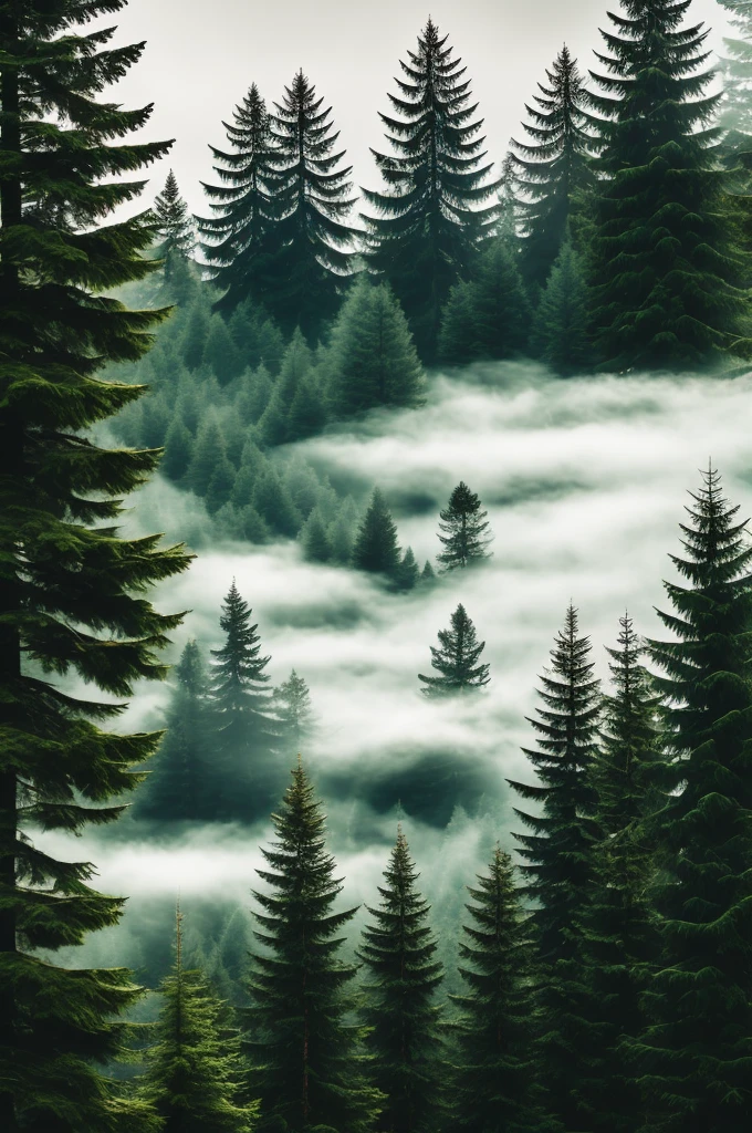 conifer forest misty cloudscapes