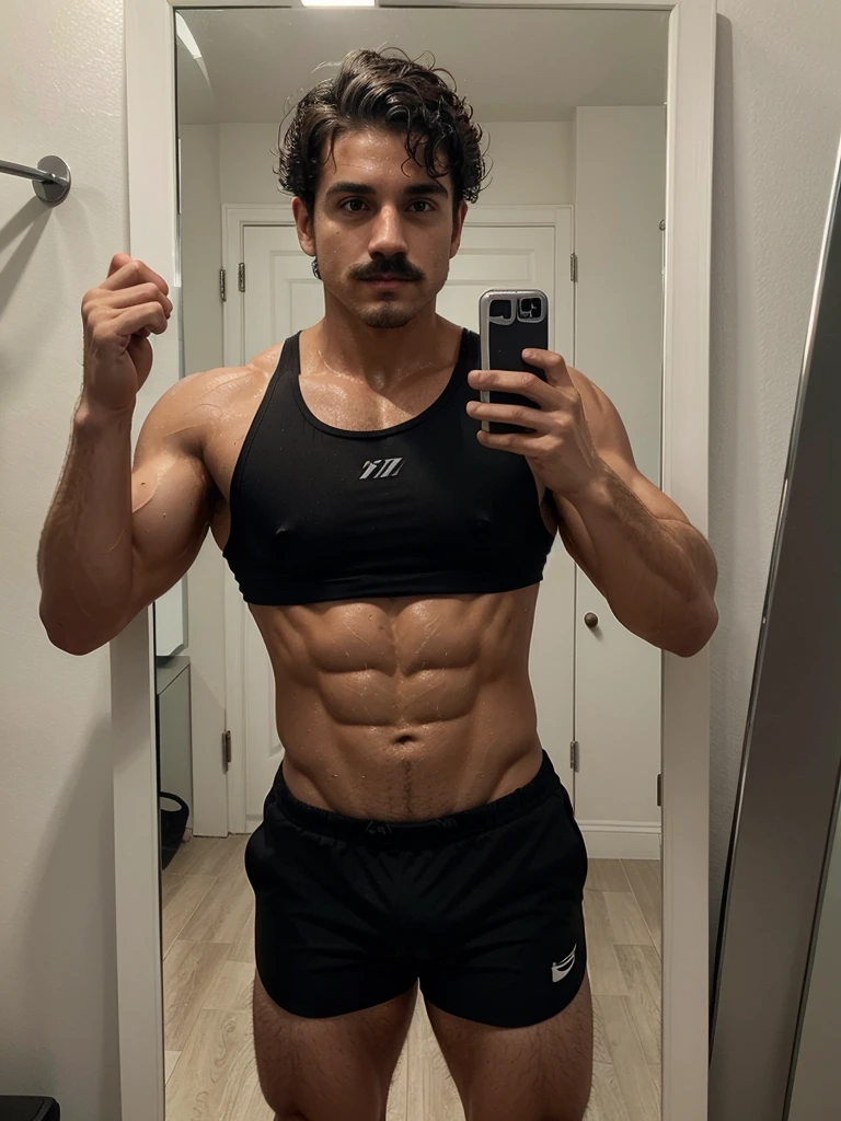 Handsome boy , light mustache, hot muscular body , medium curly hair , mirror selfie, best quality like its taken by iPhone 12 , wearing black sport shorts , wet body