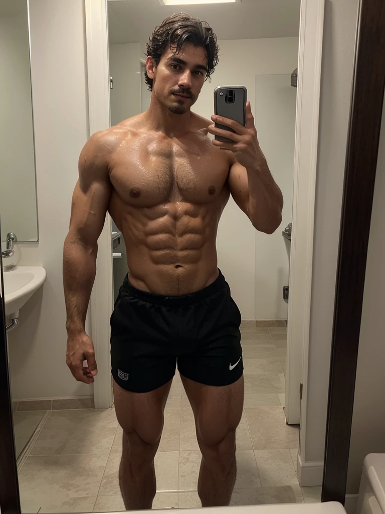 Handsome boy , light mustache, hot muscular body , medium curly hair , mirror selfie, best quality like its taken by iPhone 12 , wearing black sport shorts , wet body