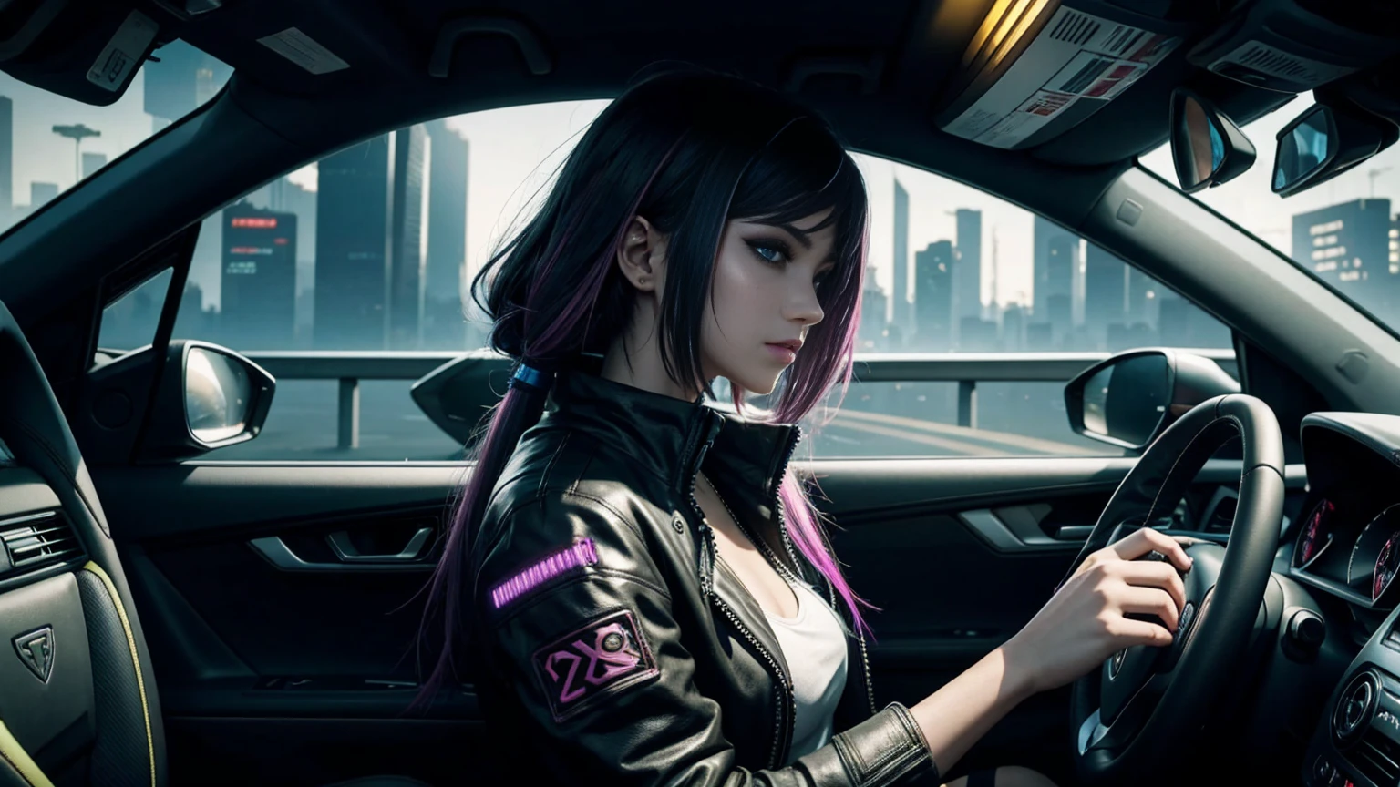 man driving inside futuristic vehicle cyberpunk 2077 style, hyper-realistic, intricate, elegant, highly detailed, modelshoot style, (extremely detailed CG unity 8k wallpaper), professional majestic oil painting trending on ArtStation, trending on CGSociety, Intricate, High Detail, Sharp focus, dramatic