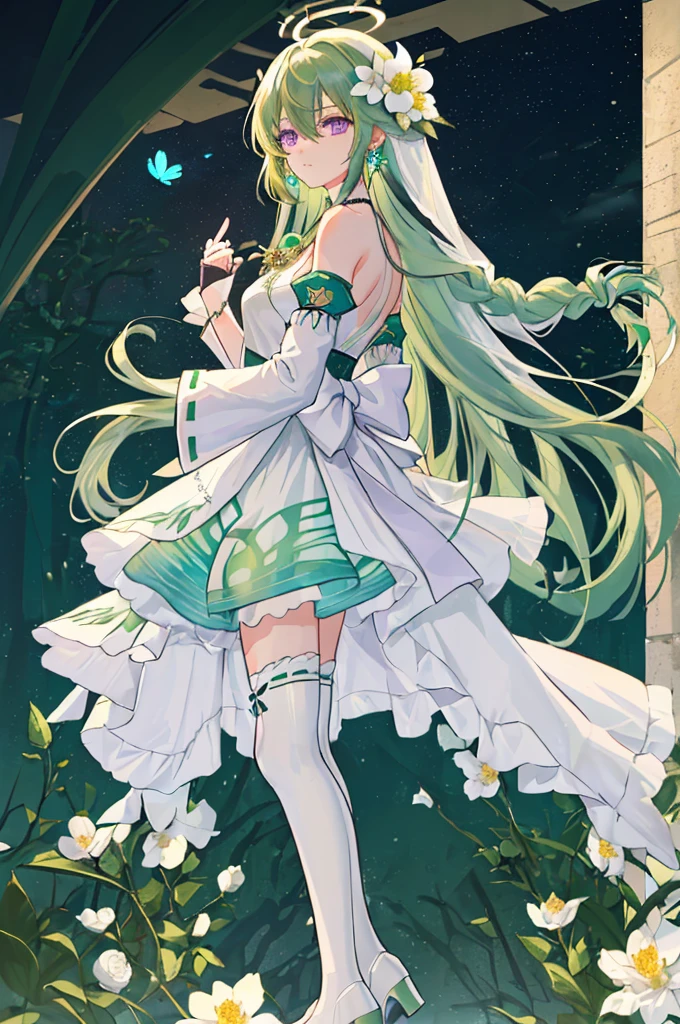(Masterpiece, Best Quality: 1.4), white Background, Long Hair, Jewelry, Earrings, Necklace, Bride, ((green Hair)), Halo, (Overlook), Dynamic Angle, Ultra Detailed, Illustration, Close Up, Direct Look, 1girl, (Fantasy: 1.4), (Purple Eyes: 1.233), Her Eyes Shine Like Dreamy Stars, (Glow Eyes: 1.233), (Beautiful and Delicate Eyes: 1.1), (green Hair: 1.4), (Messy Hair, Very Long Hair, French braids, hair between the eyes, side hair), (+(white hair flower: 1.14)), (chiffon dress, uniform white flower pattern)/= (military uniform: 1.24), (fingerless gloves), choker, (miko thighhighs), high heeled boots, (expressionless, shut up), (standing), (white flowers, blooming),(Ruins),(Night:1.2),dreamy,Soul,(fluorescent),(Flying Translucent Blue Butterfly:1.15),[Delicate Fingers and Hands:0.55]::0.85], (Finger Detail), (Yubao:0.5),((town background)),((full body)),((turquoise hair)),green hair,((green hair)),night,