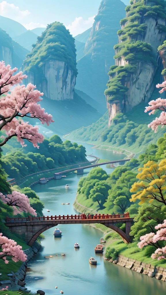 Image of a Chinese river with pink flowers