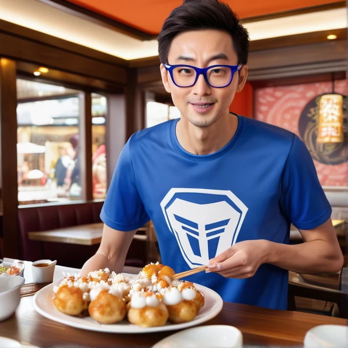 Bing prompt
8k ultra realistic image of a skinny man with glasses, wearing a blue Autobot logo shirt, blue training pants,. He is standing in a luxious restaurant doing a chubby bunny challenge shoving a takoyaki, plate on his hand.