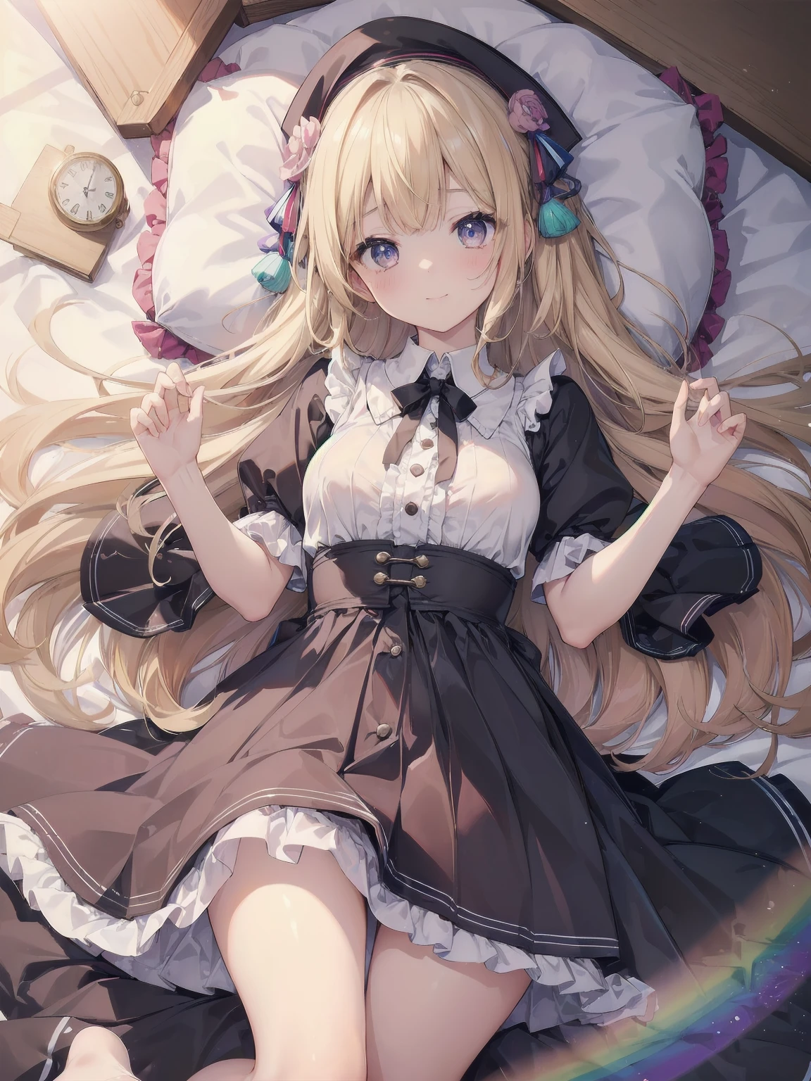 ((傑作 highest quality:1.4)), ((Tabletop, highest quality)), (8K quality), (Detailed Background:1.3), (Detailed face:1.3), (Cute age Girls, alone),Beautiful portrait、Delicate body、Frilled blouse,Long Check Skirt,Vintage, Long Blonde Hair,Cinematic Light,A small smile,Tilt your head、Lying in a fluffy bed、sunlight、Shaking breasts、、Nipples、((She spreads her legs wide to show her pussy))、Flip Skirt、Luxury Underwear、Rainbow glow, Beautiful sparkle,