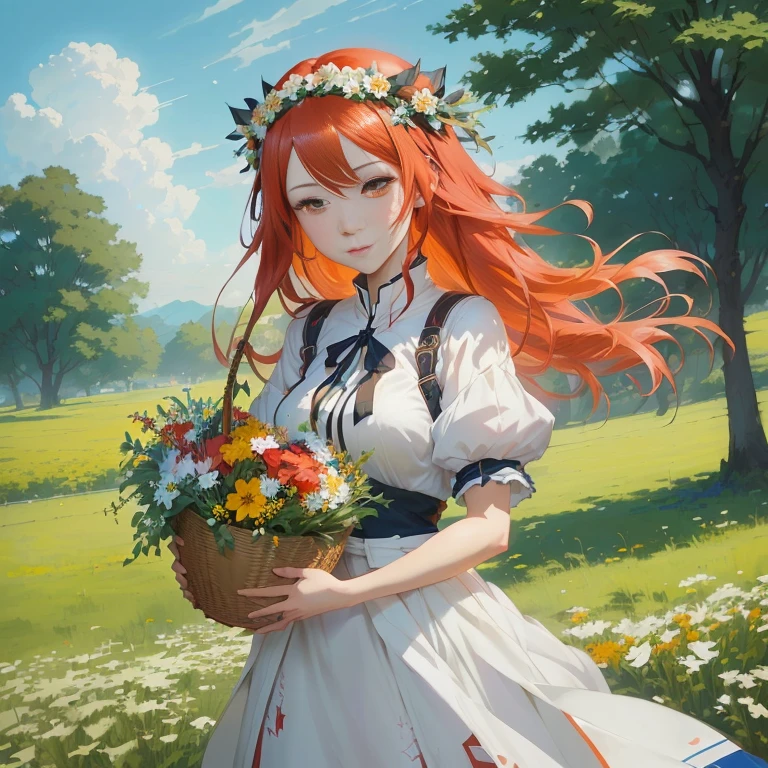 anime girl with long red hair holding a basket of flowers, guweiz on pixiv artstation, cushart krenz key art feminine, rin, guweiz on artstation pixiv, official art, marin kitagawa fanart, painted in anime painter studio, trending on artstation pixiv, official artwork, official anime artwork, zerochan art