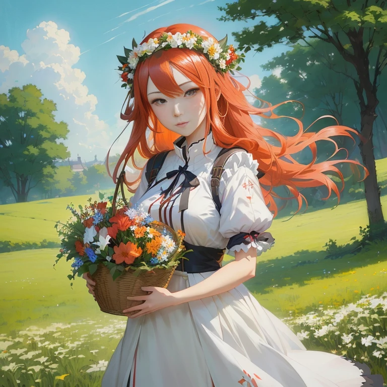 anime girl with long red hair holding a basket of flowers, guweiz on pixiv artstation, cushart krenz key art feminine, rin, guweiz on artstation pixiv, official art, marin kitagawa fanart, painted in anime painter studio, trending on artstation pixiv, official artwork, official anime artwork, zerochan art