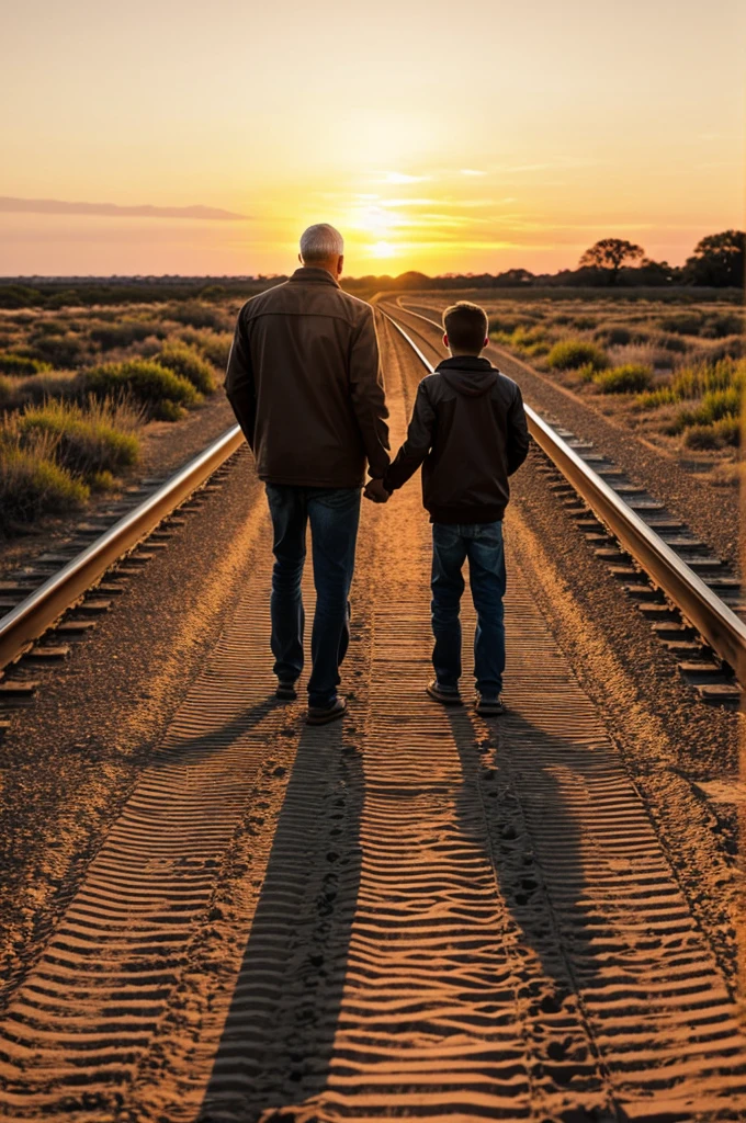 An image of a father and his son from behind walking on some tracks at sunset