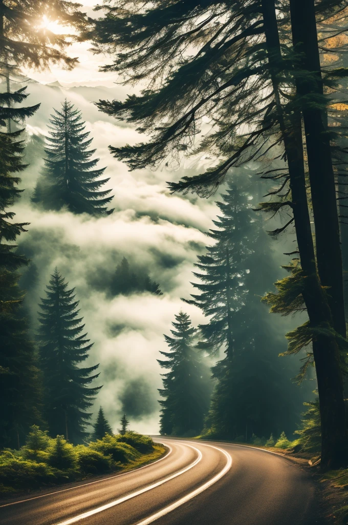 conifer forest misty cloudscapes road