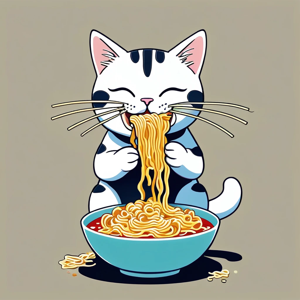 Cat eating instant noodles, manga comics style illustration, oversimplified, simple background