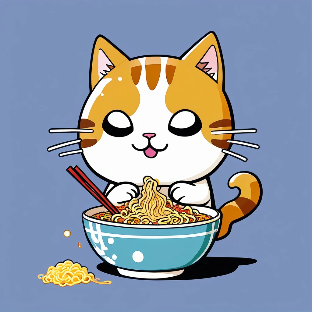 Cat eating instant noodles, manga comics style illustration, oversimplified, simple background