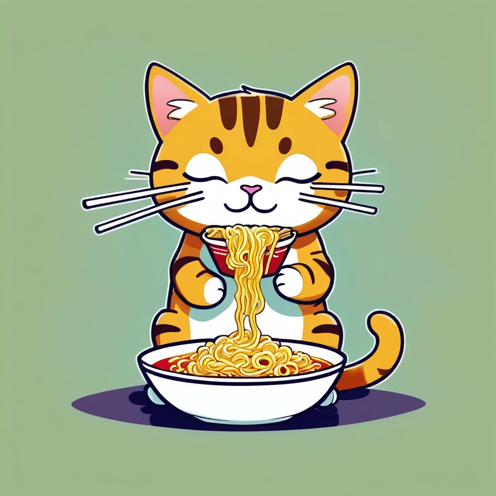 Cat eating instant noodles, manga comics style illustration, oversimplified, simple background
