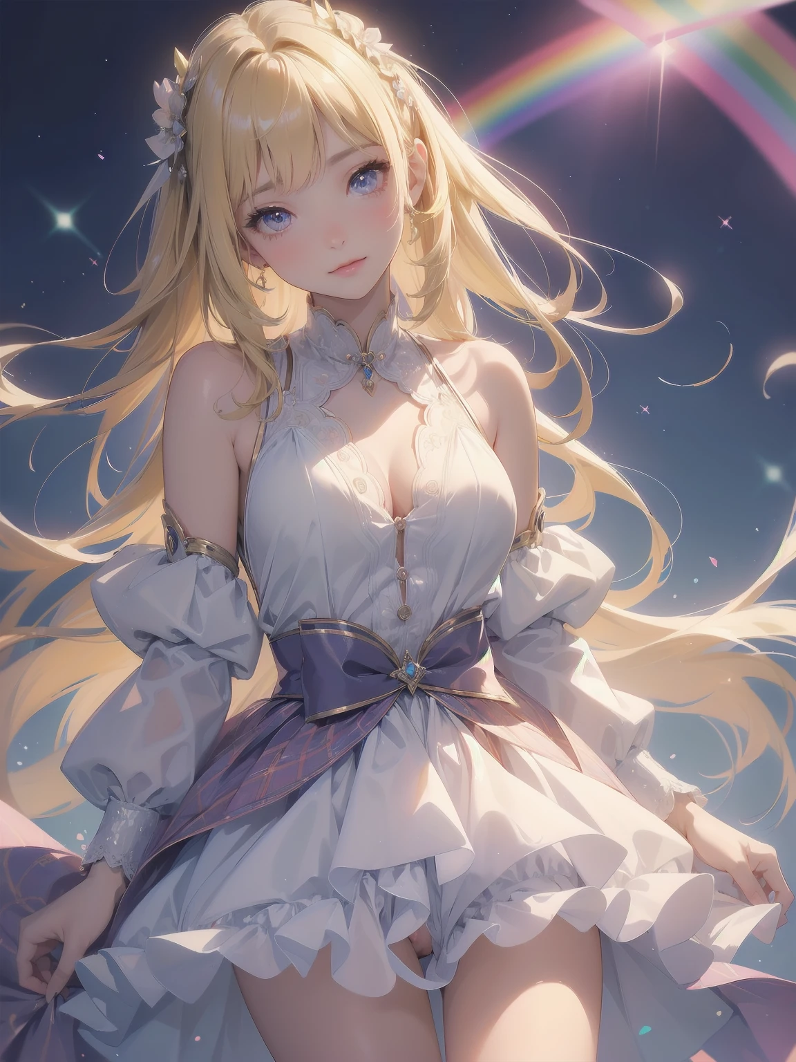 ((傑作 Highest quality:1.4)), ((Tabletop, Highest quality)), (8K quality), (Detailed Background:1.3), (Detailed face:1.3), (Cute age Girls, alone),Beautiful portrait、Delicate body、Frilled blouse,Long Check Skirt,Vintage, Long blonde hair,Cinematic Light,A small smile,Tilt your head、Lying in a fluffy bed、sunlight、Shaking breasts、、Nipples、((She spreads her legs wide to show her pussy))、Flip Skirt、High class clothing、Rainbow glow, Beautiful sparkle,
