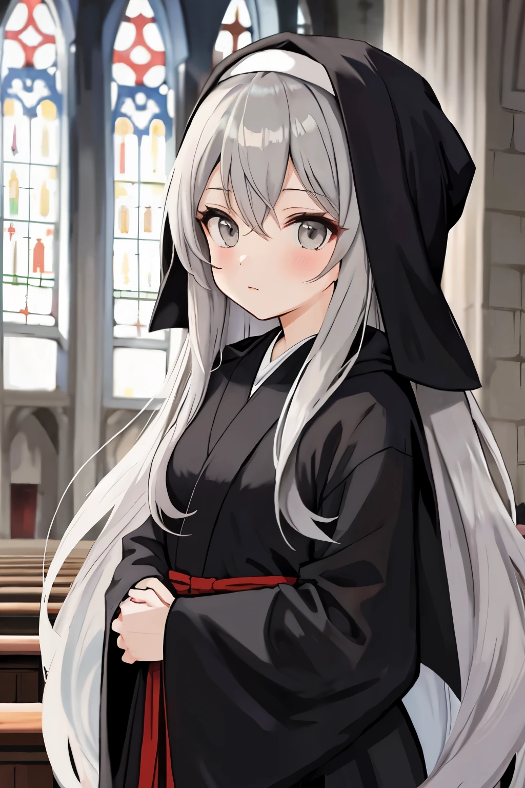 anime girl with long grey hair and grey eyes wearing black church robes