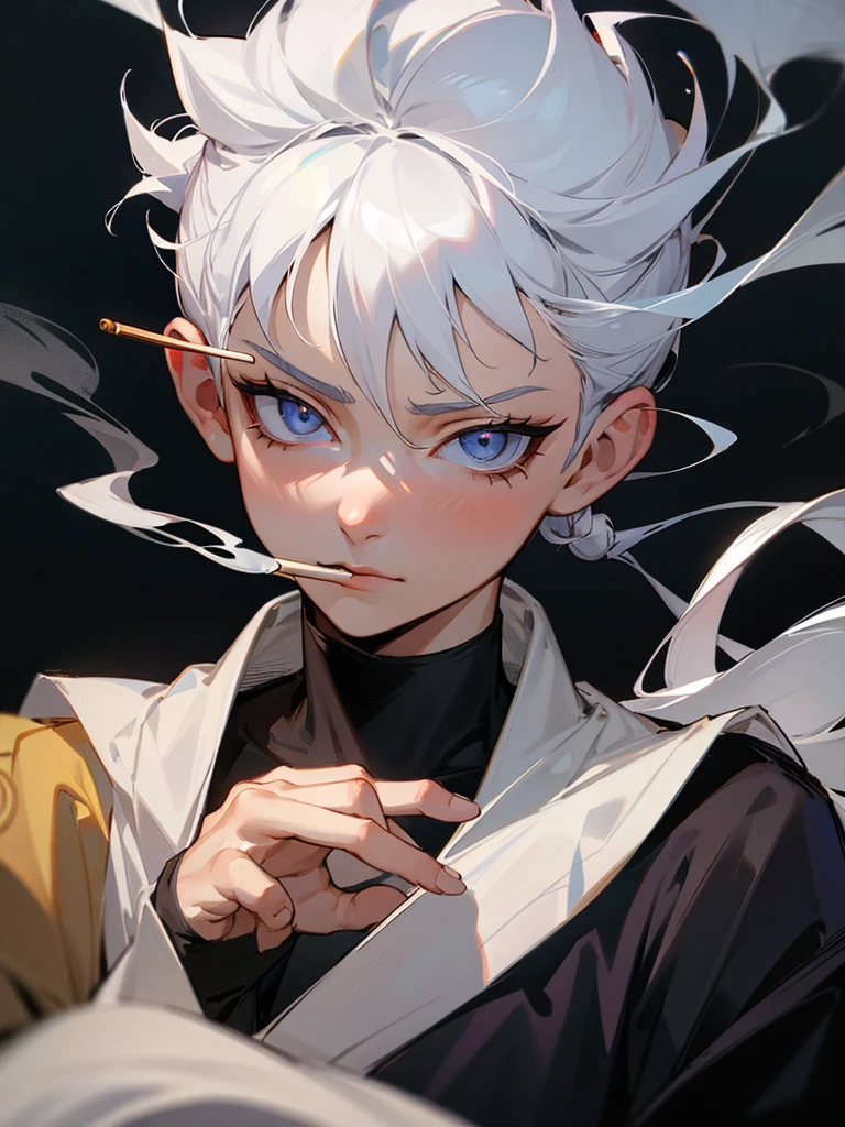 Killua Zoldyk, shoulder-length hair partially tied in a bun, smoking, older, beautiful detailed eyes, extremely detailed face