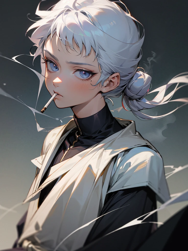 Killua Zoldyk, shoulder-length hair partially tied in a bun, smoking, older, beautiful detailed eyes, extremely detailed face