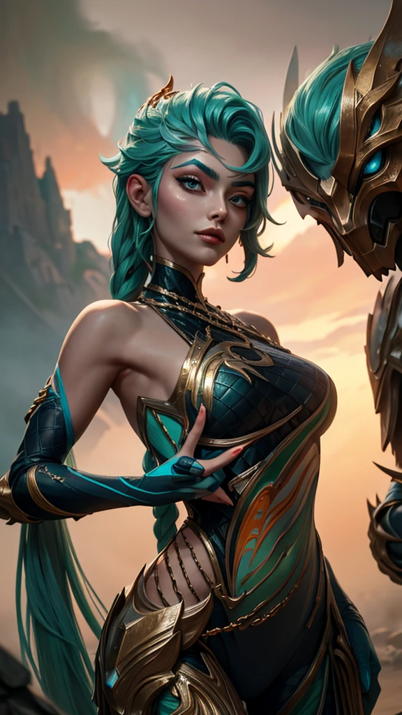 ((Tall girl reciting mantras)), peeking out from under his forehead, BREAK, (Fog in the background, Chaos, destruction, Gold Chains, Blood and sand), (Slim_thights:1.3), ((big breastes)), Slender_thights, aqua hair, 1girl, solo, (shapely body:1.4), generous cleavage, Skinny, detailed anatomy, the perfect body, Detailed body, detailized face, Beautiful anatomical eyes. BREAK Kaisa Dragon Lagoon, The BREAK is very detailed, Intricately detailed art, Artstation's Detailed Triadic Color Trend in Unreal Engine 5, 8K resolution, deviantart masterpiece. (extreme close up portrait).