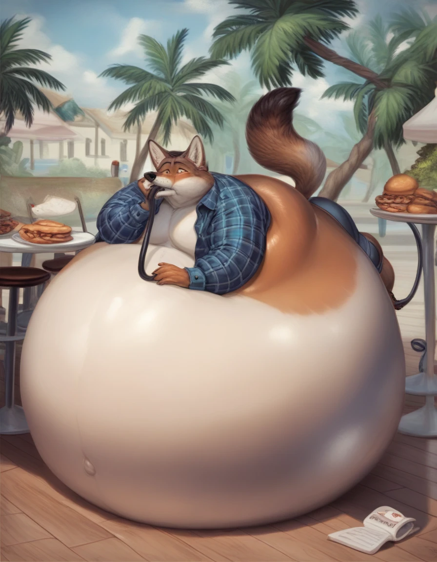 score_9, score_8_up, score_7_up, score_6_up, score_5_up, score_4_up, outdoor cafe, detailed background, coyote, anthro, male, canid, canine, clothed, hose in mouth, weight gain, obese, fat, blimpbelly, on front, photorealistic, arched back, by taranima , heavy, sitting on floor