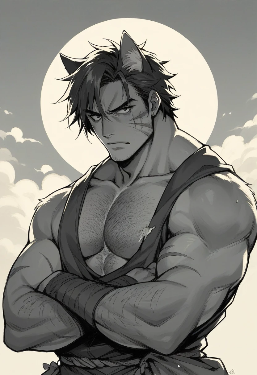 Jerry the cat in black and white in the form of a stately and majestic warrior with Sasuke written under the picture in bold red writing