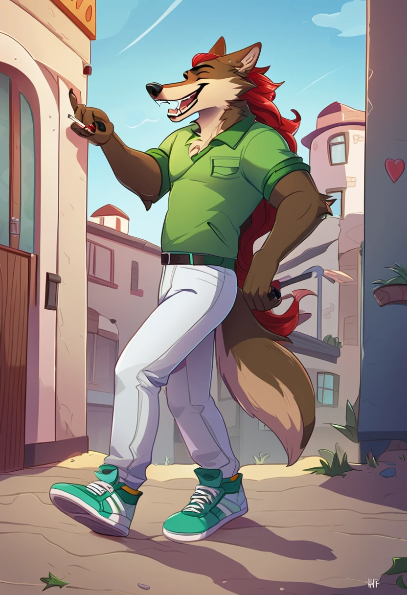 anthropomorphic she-wolf, with long curly hair on his head, wearing a blue shirt, bright green jacket, white pants and shoes, laughing, holding a pack of cigarettes in his paw