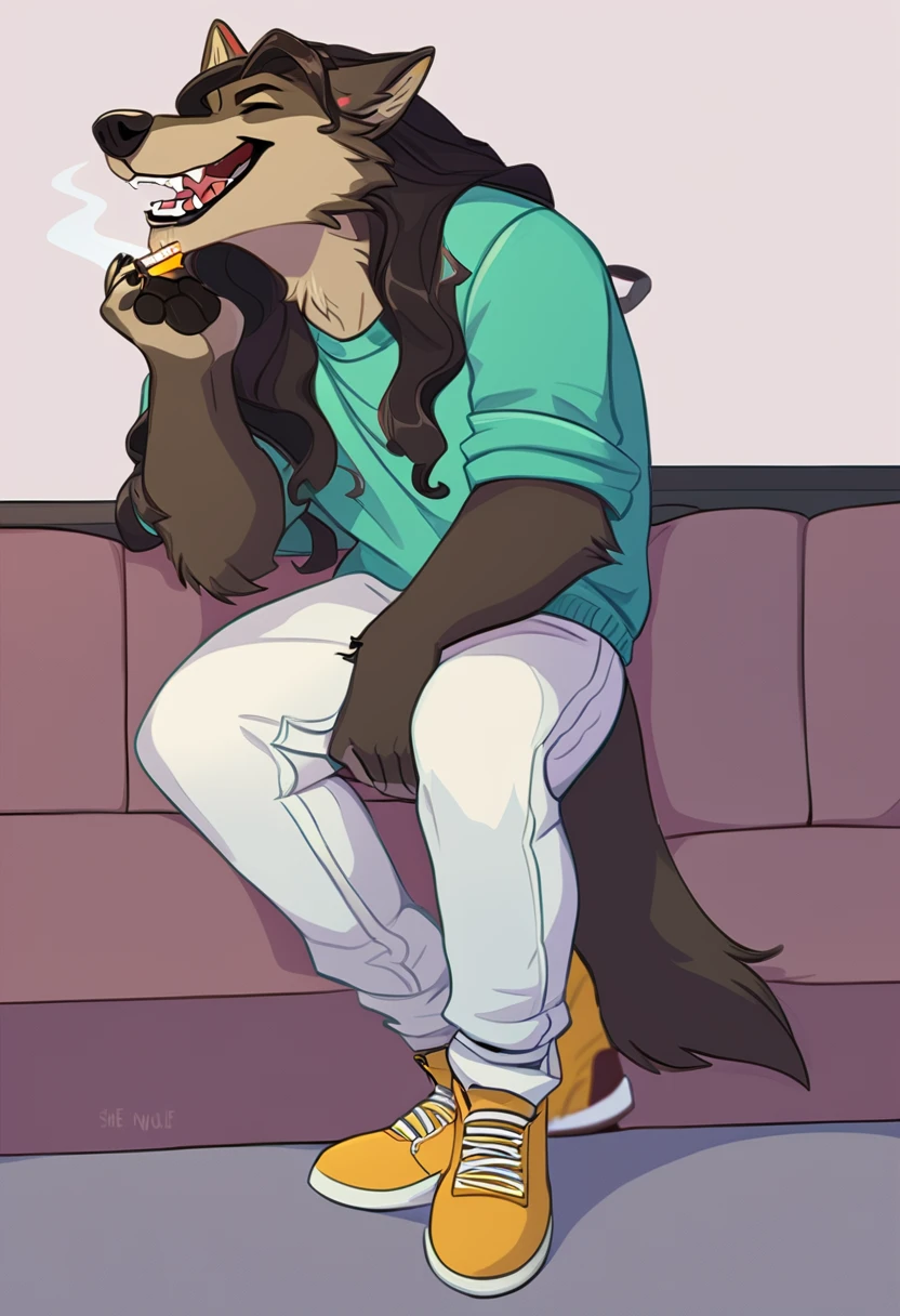 anthropomorphic she-wolf, with long curly hair on his head, wearing a blue shirt, bright green jacket, white pants and shoes, laughing, holding a pack of cigarettes in his paw