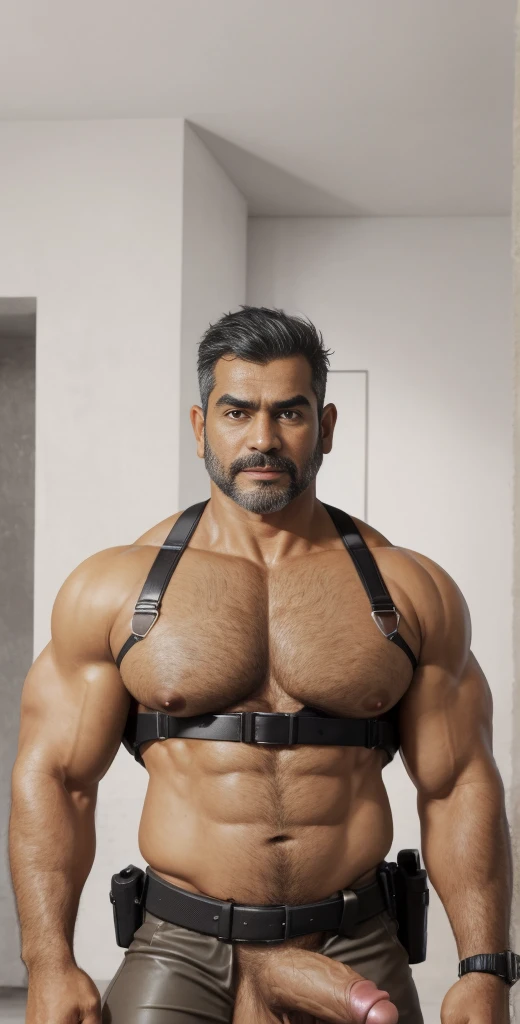 1boy, indian, solo, facial hair,55 yrs old, daddy, male focus, flaccid penis,dom, pectorals, bara, muscular, mature male, muscular male, abs, grey beard, ring nipples, chest harness, short grey hair, navel, stomach, large pectorals, thick eyebrows, bare pectorals, dark-skinned male, erection, thighs, erection under clothes, suit, tan skin, kevlar bodysuit, belt, gun, patrol police uniform bodysuit, open leather, pectoral cleavage, cowboy shot, feet out of frame, thick thighs, looking at viewer, masterpiece, 4k, high quality, highres, absurdres,