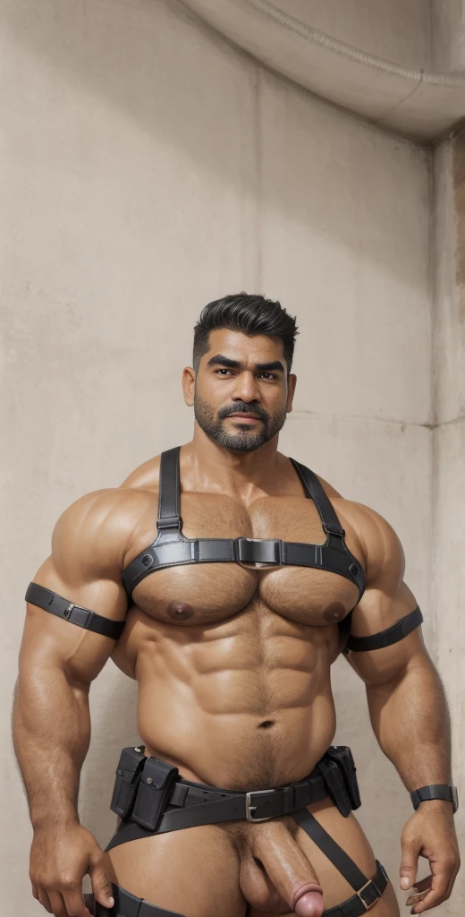 1boy, indian, solo, facial hair,55 yrs old, daddy, male focus, flaccid penis,dom, pectorals, bara, muscular, mature male, muscular male, abs, grey beard, ring nipples, chest harness, short grey hair, navel, stomach, large pectorals, thick eyebrows, bare pectorals, dark-skinned male, erection, thighs, erection under clothes, suit, tan skin, kevlar bodysuit, belt, gun, patrol police uniform bodysuit, open leather, pectoral cleavage, cowboy shot, feet out of frame, thick thighs, looking at viewer, masterpiece, 4k, high quality, highres, absurdres,