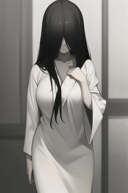 ((masterpiece)), (best quality), (absurdres), black hair, yamamura_sadako, long sleeves, hands covered(white kimono, black obi), (grey skin), hair over eyes, eyes covered, looking at viewer,