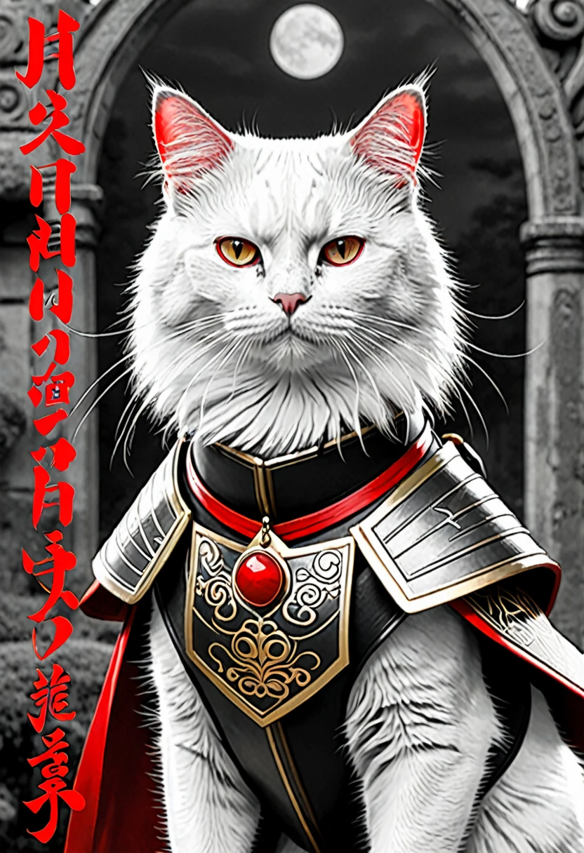 Jerry the cat in black and white in the form of a stately and majestic warrior with Sasuke written under the picture in bold red writing