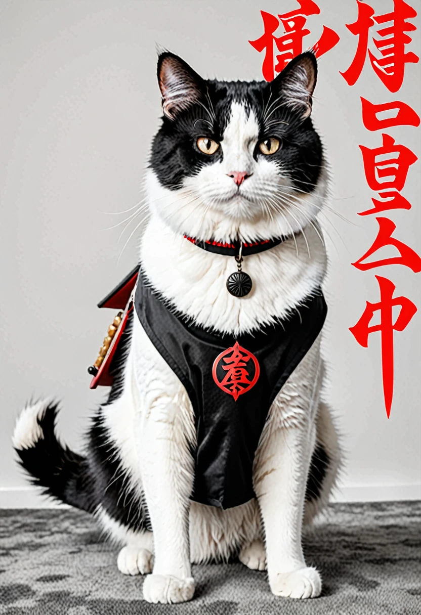 Jerry the cat in black and white in the form of a stately and majestic warrior with Sasuke written under the picture in bold red writing