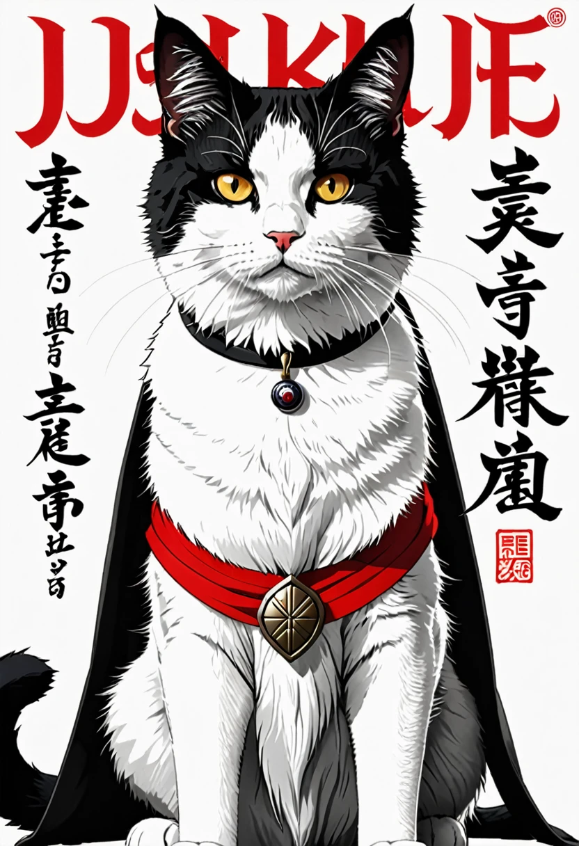 Jerry the cat in black and white in the form of a stately and majestic warrior with Sasuke written under the picture in bold red writing
