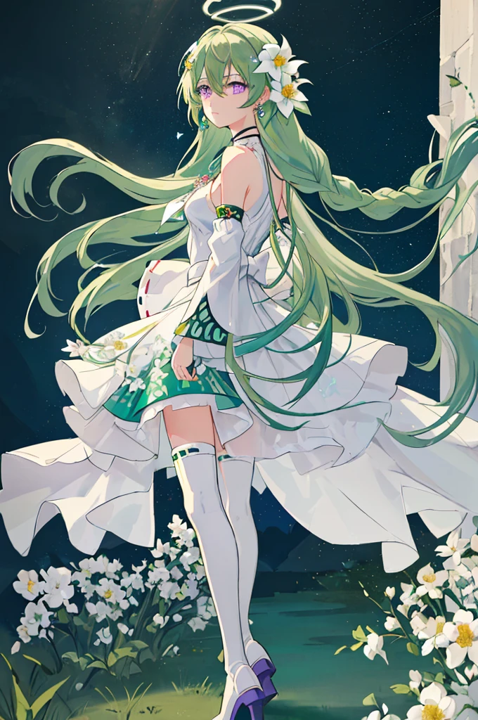 (Masterpiece, Best Quality: 1.4), white Background, Long Hair, Jewelry, Earrings, Necklace, Bride, ((green Hair)), Halo, (Overlook), Dynamic Angle, Ultra Detailed, Illustration, Close Up, Direct Look, 1girl, (Fantasy: 1.4), (Purple Eyes: 1.233), Her Eyes Shine Like Dreamy Stars, (Glow Eyes: 1.233), (Beautiful and Delicate Eyes: 1.1), (green Hair: 1.4), (Messy Hair, Very Long Hair, French braids, hair between the eyes, side hair), (+(white hair flower: 1.14)), (chiffon dress, uniform white flower pattern)/= (military uniform: 1.24), (fingerless gloves), choker, (miko thighhighs), high heeled boots, (expressionless, shut up), (standing), (white flowers, blooming),(Ruins),(Night:1.2),dreamy,Soul,(fluorescent),(Flying Translucent Blue Butterfly:1.15),[Delicate Fingers and Hands:0.55]::0.85], (Finger Detail), (Yubao:0.5),((town background)),((full body)),((turquoise hair)),green hair,((green hair)),night,near the river,Walking in the distance,