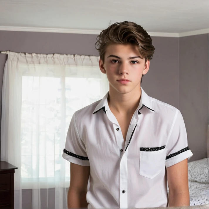 Prompt: 18 year old Caucasian boy with brown eyes, brown medium.  wearing a black and white buttoned up shirt, black slack pants.  he is in his bedroom standing back pose