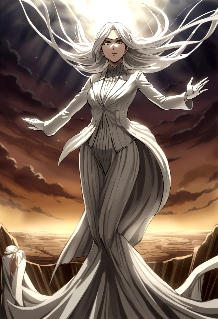 mulher de anime, cabelos brancos com pontas azuis, vestes azuis com branco, estilo atack on titan