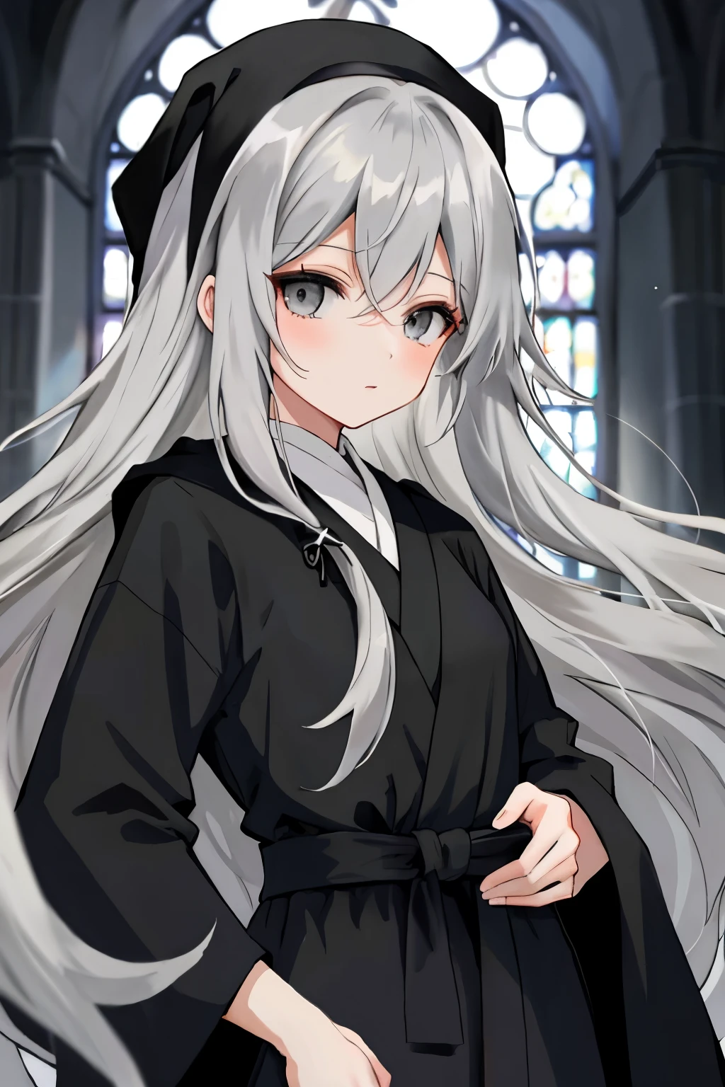 anime girl with long grey hair and grey eyes wearing black church robes