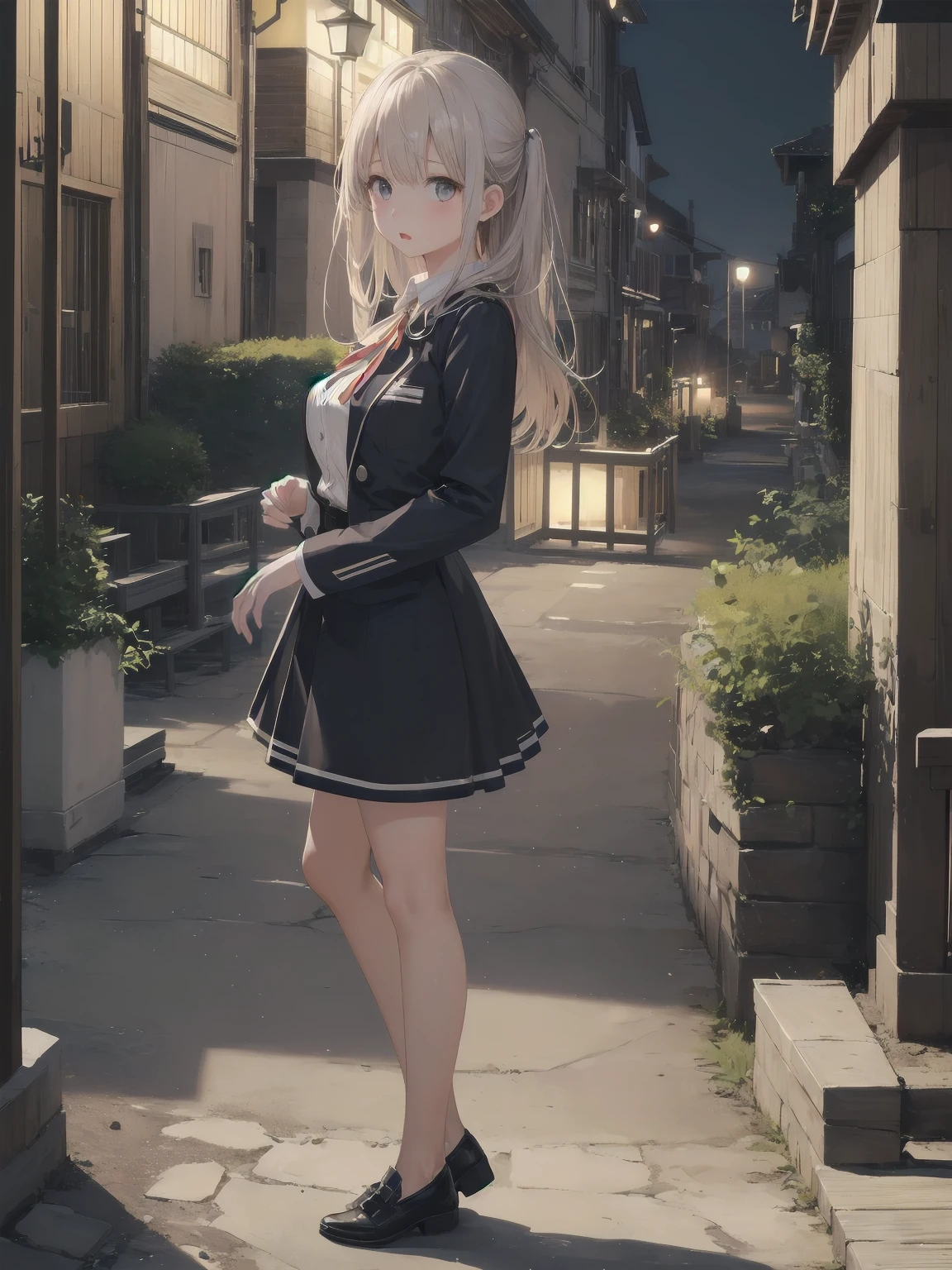 Masterpiece、high quality、high resolution、Dynamic Angle、Dynamic Pose、One girl、solo、uniform, Surprised expression, Standing in the park, At night,Half-body photo, Super detailed, Ultra HD、cute、A shy and shy pose、Capture your subjects at their best with photogravure settings
