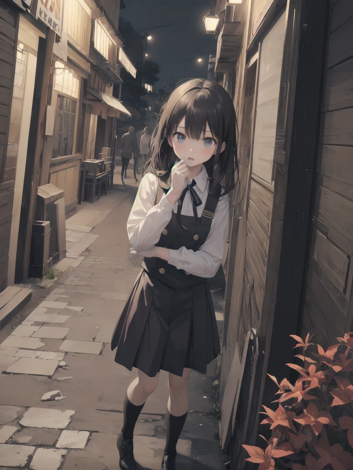 Masterpiece、high quality、high resolution、Dynamic Angle、Dynamic Pose、One girl、solo、uniform, Surprised expression, Standing in the park, At night,Half-body photo, Super detailed, Ultra HD、cute、A shy and shy pose、Capture your subjects at their best with photogravure settings
