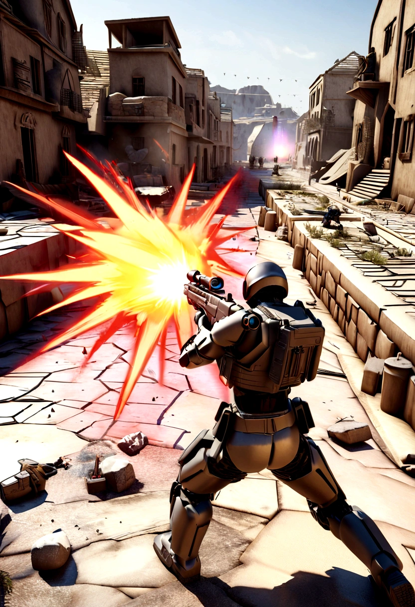 A robotic soldier is moving trough a ruined town, firing at will, relentless,red energy aura, he's armed with a laser rifle and he's firing at the enemy, deadly ,highly detailed, 4k resolution, masterpiece, 3d modelling, battlefield scenario,digital art, Caza art, 1980s