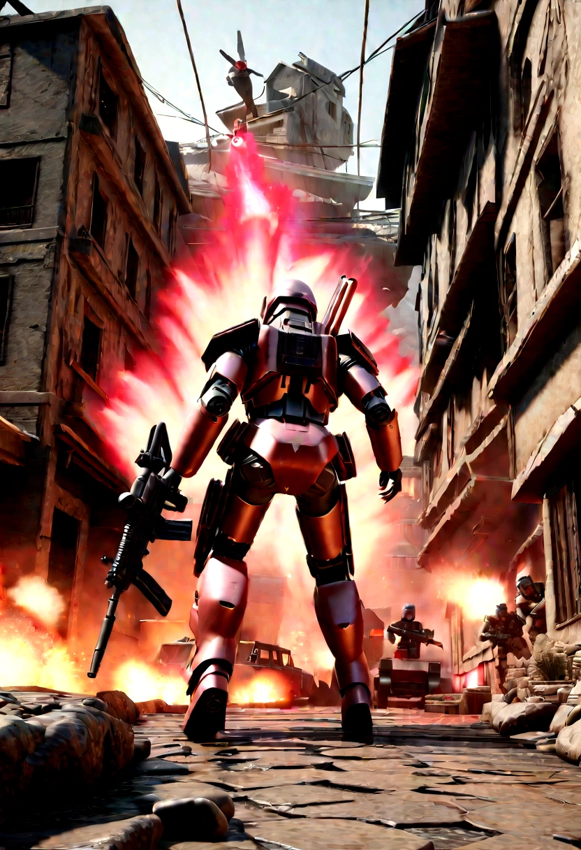 A robotic soldier is moving trough a ruined town, firing at will, relentless,red energy aura, he's armed with a laser rifle and he's firing at the enemy, deadly ,highly detailed, 4k resolution, masterpiece, 3d modelling, battlefield scenario,digital art, Caza art, 1980s